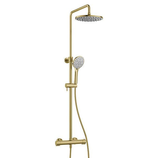 Flova Linea Thermostatic 2-Outlet Adjustable Height Shower Column – Brushed Brass - BRB-EXPSKIT - Envy Bathrooms Ltd