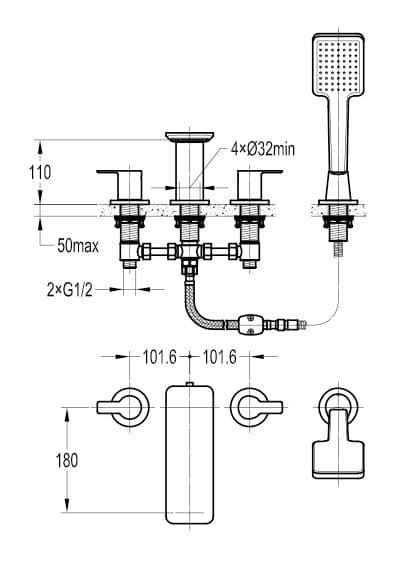 Flova Spring 4 Hole Deck Mounted Bath Shower Mixer Tap with Pull Out Handset SR4HBSM - Envy Bathrooms Ltd