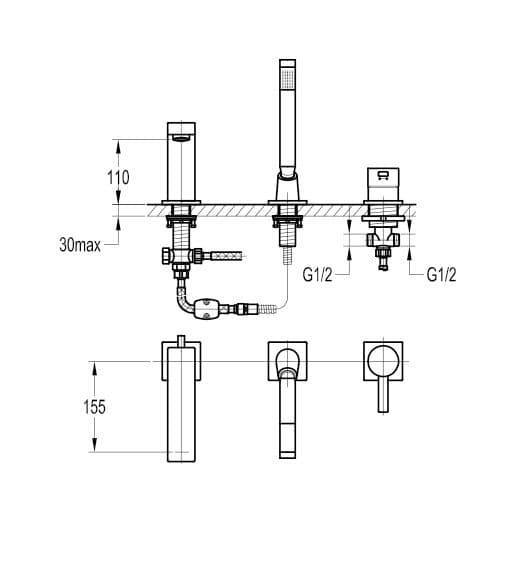 Flova STR8 3 Hole Deck Mounted Bath Shower Mixer Tap with Pull Out Handset ST3HSLBSM - Envy Bathrooms Ltd