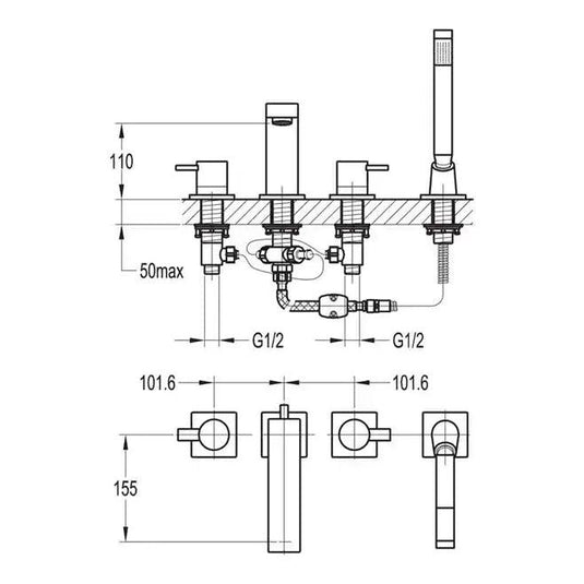 Flova STR8 4 Hole Deck Mounted Bath Shower Mixer Tap with Pull Out Handset ST4HBSM - Envy Bathrooms Ltd