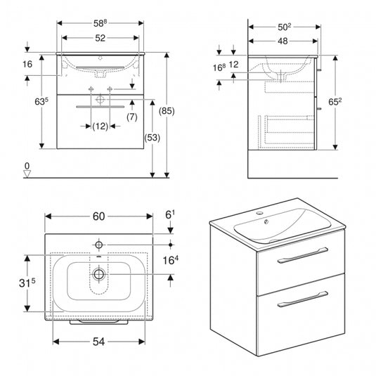 Geberit Selnova 600mm Square Vanity Unit & Basin 2 Drawers Dark Hickory | 501.238.00.1