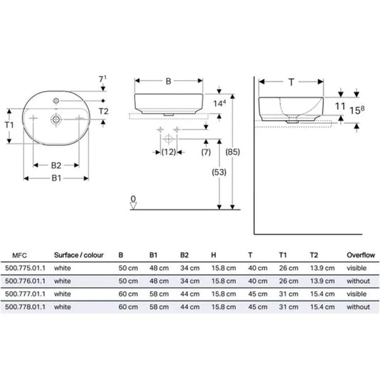Geberit VariForm 500mm Lay-On Elliptic Countertop Basin 1 Tap Hole & Overflow White | 500.775.01.2