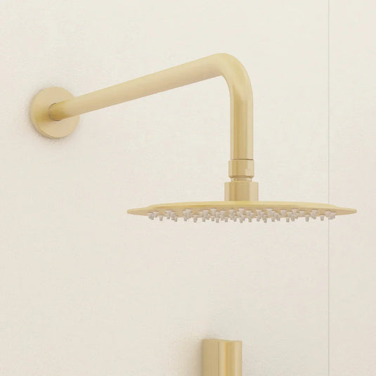 Imex 200mm Stainless Steel Round Slimline Showerhead and Design Brass Shower Arm in Brushed Brass - PKSS001BB - Envy Bathrooms Ltd