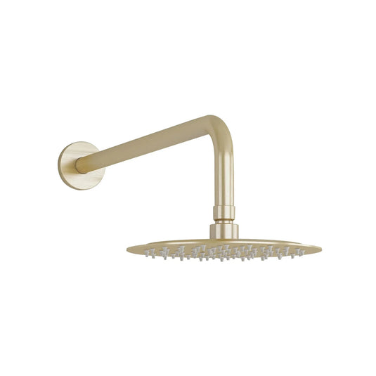 Imex 200mm Stainless Steel Round Slimline Showerhead and Design Brass Shower Arm in Brushed Brass - PKSS001BB - Envy Bathrooms Ltd