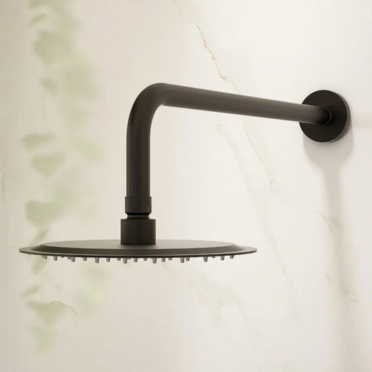 Imex 200mm Stainless Steel Round Slimline Showerhead and Design Brass Shower Arm in Matt Black - PKSS001MB - Envy Bathrooms Ltd