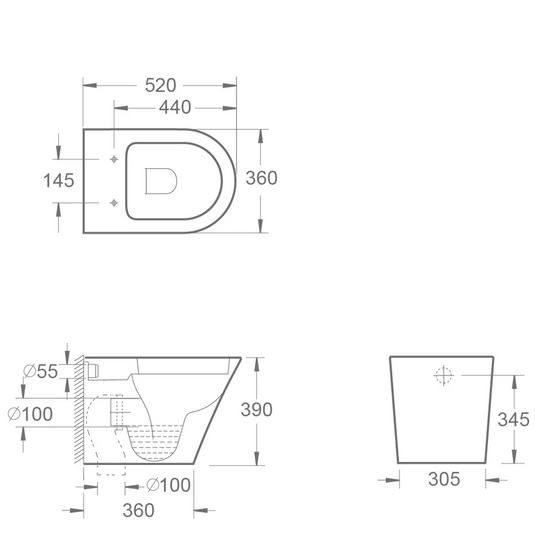 Imex Arco 520mm Rimless Back To Wall WC Bowl with Fixings - CB1088R - Envy Bathrooms Ltd