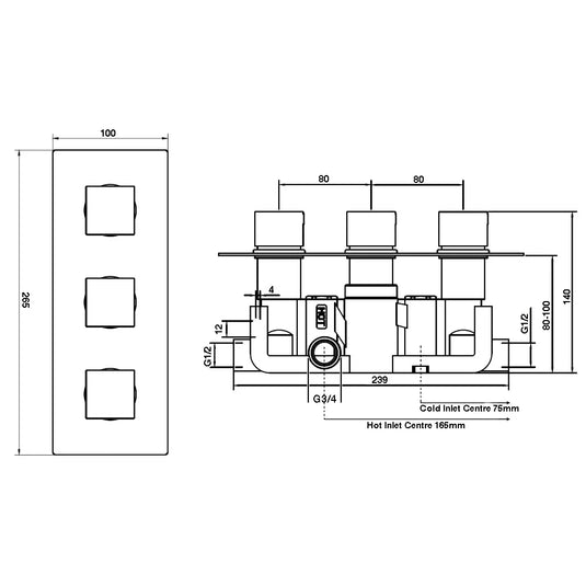 Imex Bloque2 Twin Outlet Three Handle Concealed Valve - 6006 - Envy Bathrooms Ltd