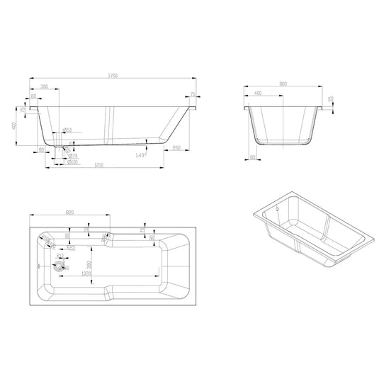 Imex Cast Quadro Keyhole 1700×800 Single Ended Bath - IMCQKH17X8 - Envy Bathrooms Ltd