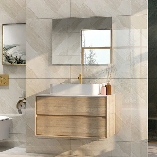 Imex Grace 900mm Two Drawer Wall Mounted Vanity Unit - Natural Oak - FZHF2782-900-B0001 - Envy Bathrooms Ltd
