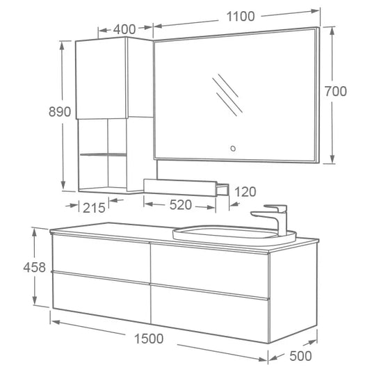Imex Liberty 1500 x 500mm Four Drawer Wall Mounted Vanity Unit in Grey Oak - FZHF2775-1500-B0031 - Envy Bathrooms Ltd