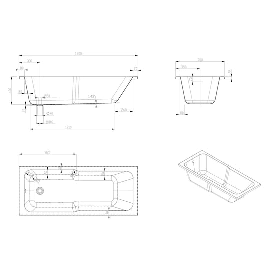 Imex Premiercast Quadro Keyhole 1700×700 Single Ended Bath - IMPQKH17X7 - Envy Bathrooms Ltd