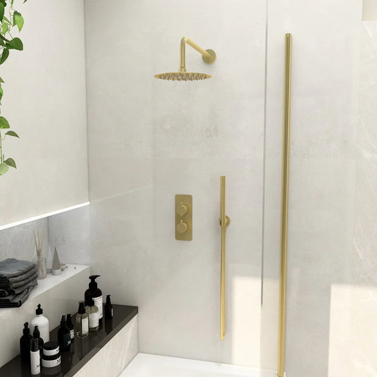 Imex Ravine 2 Handle, Dual Diverter Concealed Thermostatic Valve with 200mm Fixed Head, Pencil Handset and Smooth Hose in Brushed Brass - RAVCVPK005BB - Envy Bathrooms Ltd