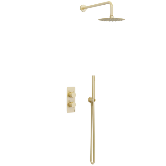 Imex Ravine 2 Handle, Dual Diverter Concealed Thermostatic Valve with 200mm Fixed Head, Pencil Handset and Smooth Hose in Brushed Brass - RAVCVPK005BB - Envy Bathrooms Ltd