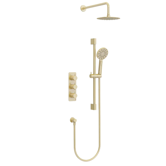 Imex Ravine 3 Handle, Dual Diverter Concealed Thermostatic Valve with Adjustable and 200mm Fixed Heads in Brushed Brass - RAVCVPK006BB - Envy Bathrooms Ltd