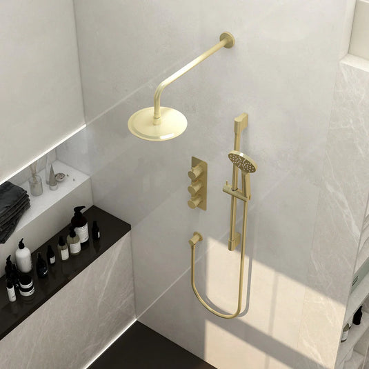 Imex Ravine 3 Handle, Dual Diverter Concealed Thermostatic Valve with Adjustable and 200mm Fixed Heads in Brushed Brass - RAVCVPK006BB - Envy Bathrooms Ltd
