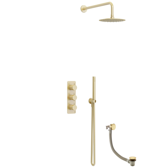 Imex Ravine 3 Handle, Triple Diverter Concealed Thermostatic Valve with 200mm Fixed Head, Pencil Handset and Smooth Hose in Brushed Brass - RAVCVPK10BB - Envy Bathrooms Ltd
