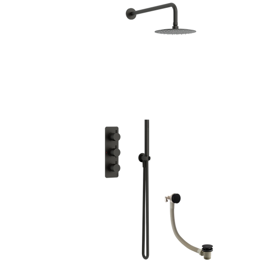 Imex Ravine 3 Handle, Triple Diverter Concealed Thermostatic Valve with 200mm Fixed Head, Pencil Handset and Smooth Hose in Matt Black - RAVCVPK10MB - Envy Bathrooms Ltd