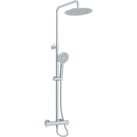 Chrome thermostatic shower set with fixed overhead and adjustable handheld shower