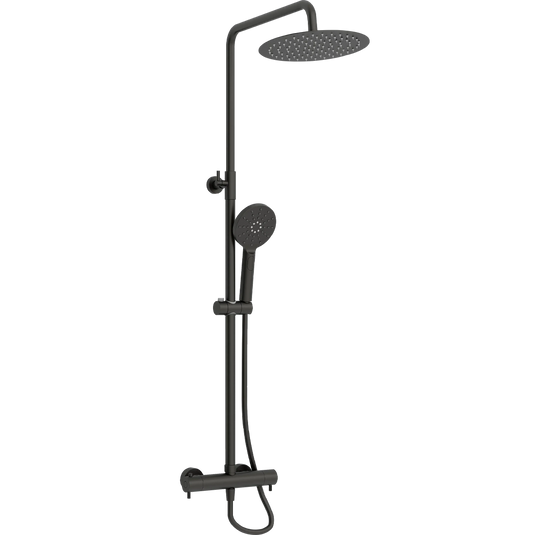 Matt black thermostatic shower set with overhead rain shower and adjustable handset