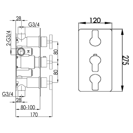 JTP Amore Thermostatic Concealed 2 Outlets Shower Valve Triple Handle - Chrome - Envy Bathrooms Ltd