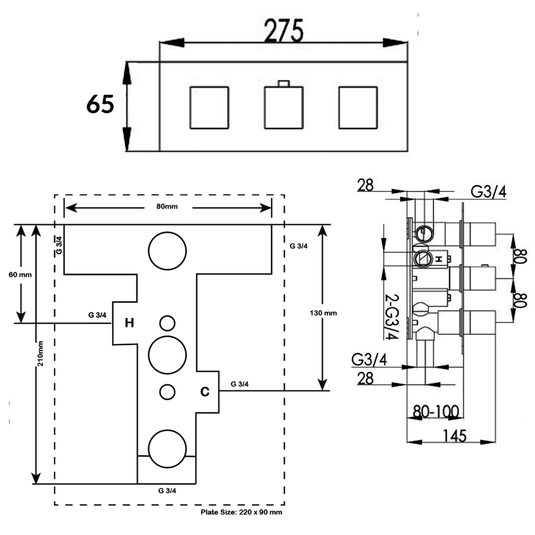 JTP Athena Slimline Horizontal Thermostatic Concealed 3 Outlets Shower Valve - Chrome - Envy Bathrooms Ltd