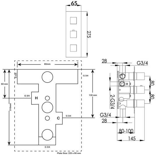 JTP Athena Slimline Thermostatic Concealed Shower Valve 3 Outlet with Triple Handle - Chrome - Envy Bathrooms Ltd