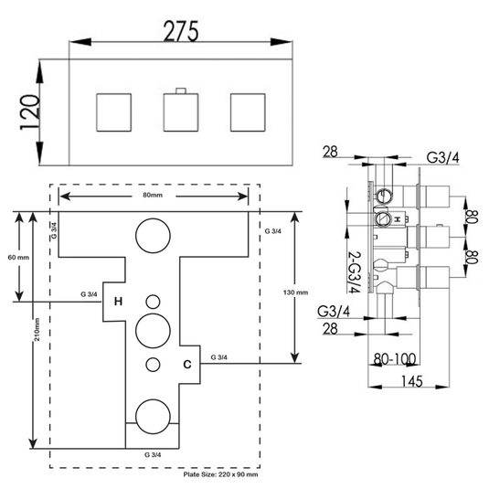 JTP Athena Thermostatic Concealed Horizontal Shower Valve 3 Outlet with Triple Handle - Chrome - Envy Bathrooms Ltd