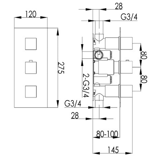 JTP Athena Thermostatic Concealed Shower Valve 2 Outlet with Triple Handle - Chrome - Envy Bathrooms Ltd