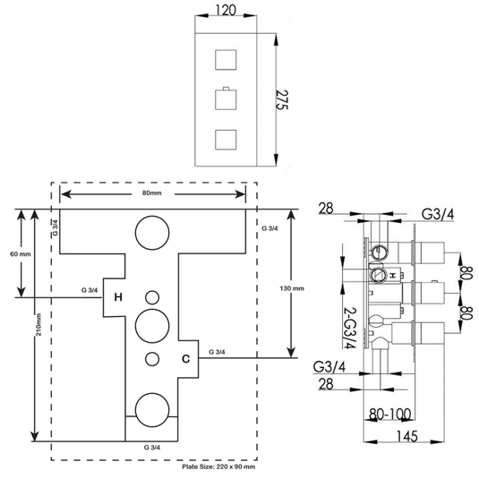 JTP Athena Thermostatic Concealed Shower Valve 3 Outlet with Triple Handle - Chrome - Envy Bathrooms Ltd