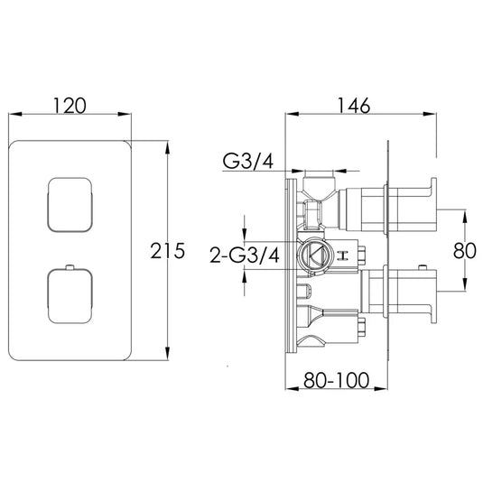 JTP Axel 2-Outlet Dual Handle Thermostatic Concealed Shower Valve - Chrome/Matt Black - Envy Bathrooms Ltd
