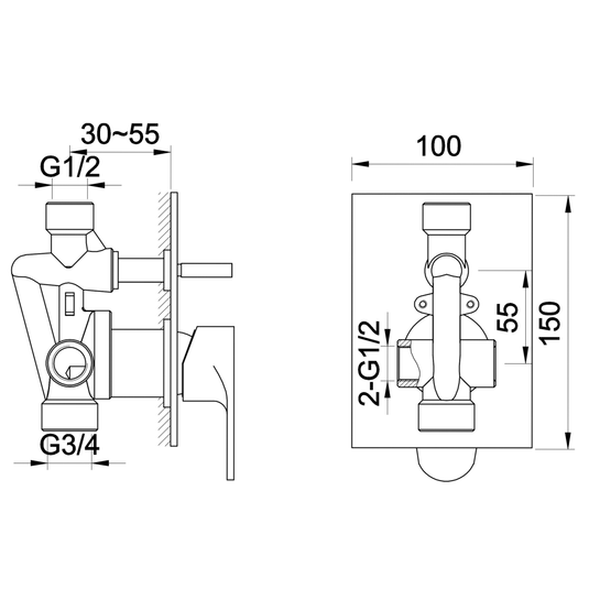 JTP Base Single Lever Concealed Manual Diverter Valve - Chrome - Envy Bathrooms Ltd