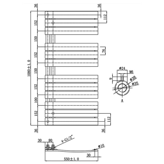 JTP Cleo Designer Heated Towel Rail 1080mm H x 550mm W - Matt Black - Envy Bathrooms Ltd