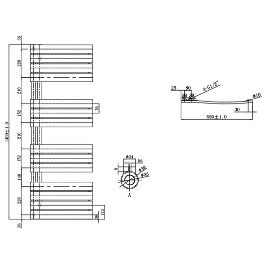 JTP Cleo Designer Heated Towel Rail 1400mm H x 550mm W - Matt Black - Envy Bathrooms Ltd