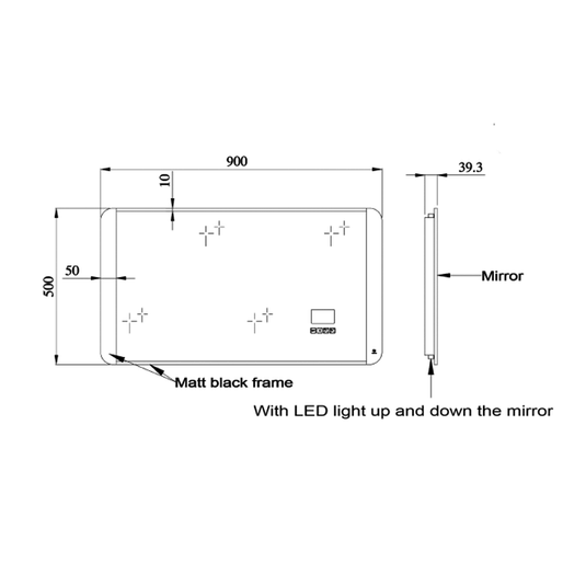 JTP DBI Rectangular Digital LED Illuminated Bathroom Mirror 500mm H x 900mm W - Matt Black - Envy Bathrooms Ltd