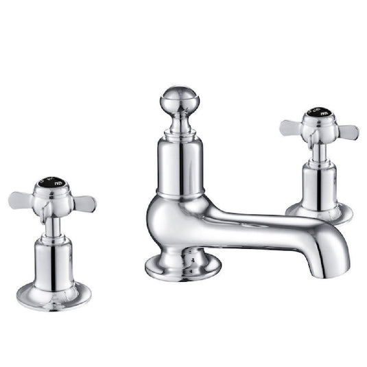 JTP Grosvenor 3-Hole Deck Mounted Basin Mixer Tap Pinch Handle - Chrome/Black - Envy Bathrooms Ltd