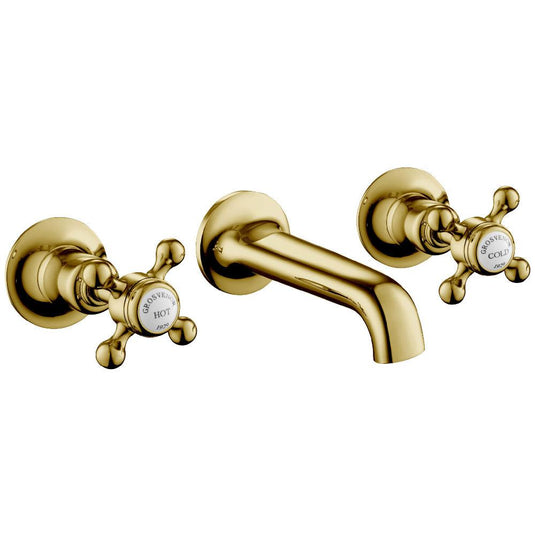 JTP Grosvenor 3-Hole Wall Mounted Basin Mixer Tap Cross Handle - Antique Brass - Envy Bathrooms Ltd