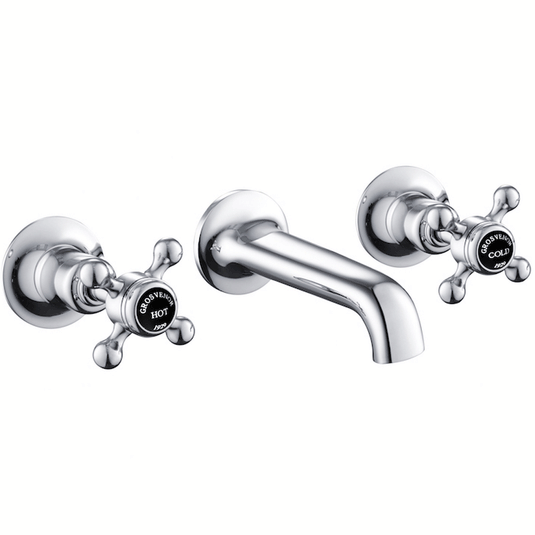 JTP Grosvenor 3-Hole Wall Mounted Basin Mixer Tap Cross Handle - Chrome/Black - Envy Bathrooms Ltd