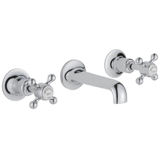 JTP Grosvenor 3-Hole Wall Mounted Basin Mixer Tap Cross Handle - Chrome/White - Envy Bathrooms Ltd