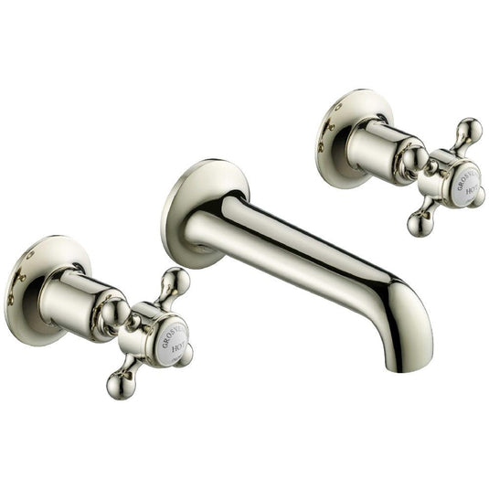 JTP Grosvenor 3-Hole Wall Mounted Basin Mixer Tap - Crosshead Handle - Nickel - Envy Bathrooms Ltd