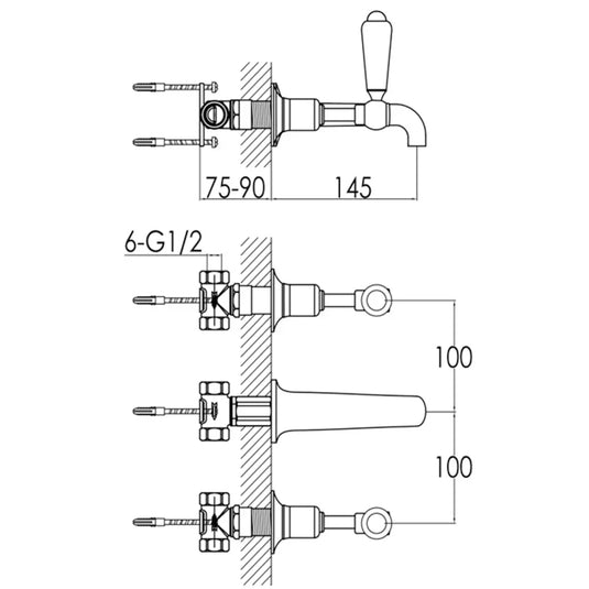 JTP Grosvenor 3-Hole Wall Mounted Basin Mixer Tap - Lever Handle - Nickel - Envy Bathrooms Ltd