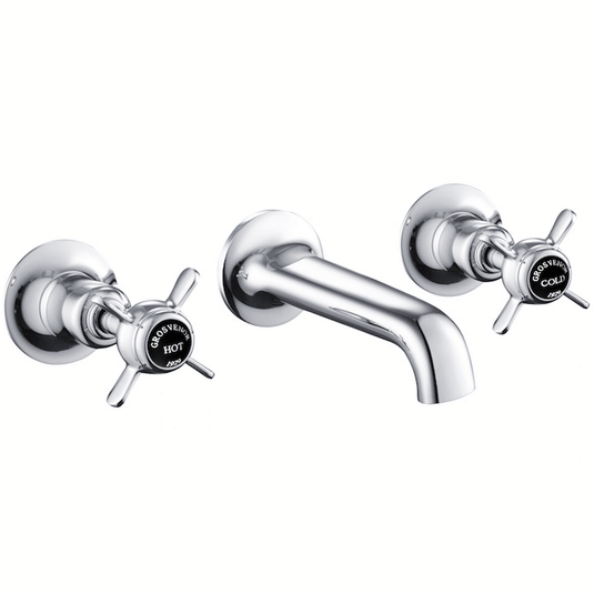 JTP Grosvenor 3-Hole Wall Mounted Basin Mixer Tap Pinch Handle - Chrome/Black - Envy Bathrooms Ltd