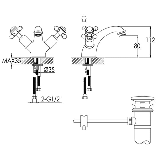 JTP Grosvenor Basin Mixer Tap with Pop Up Waste Cross Handle - Antique Brass - Envy Bathrooms Ltd