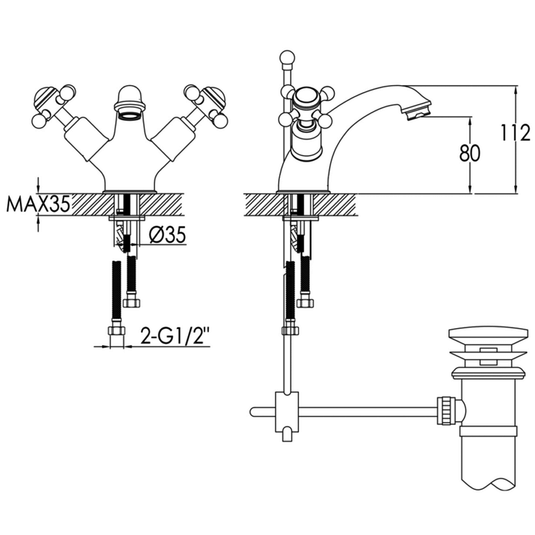 JTP Grosvenor Basin Mixer Tap with Pop Up Waste Cross Handle - Chrome/Black - Envy Bathrooms Ltd