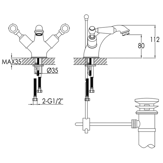 JTP Grosvenor Basin Mixer Tap with Pop Up Waste Lever Handle - Antique Brass - Envy Bathrooms Ltd