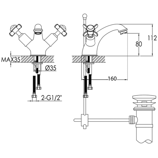 JTP Grosvenor Basin Mixer Tap with Pop Up Waste Pinch Handle - Antique Brass - Envy Bathrooms Ltd