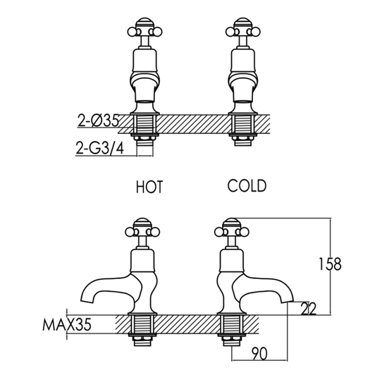 JTP Grosvenor Bath Taps Pair Cross Handle - Antique Brass - Envy Bathrooms Ltd