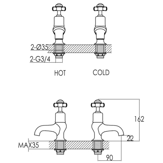 JTP Grosvenor Bath Taps Pair Pinch Handle - Chrome - Envy Bathrooms Ltd