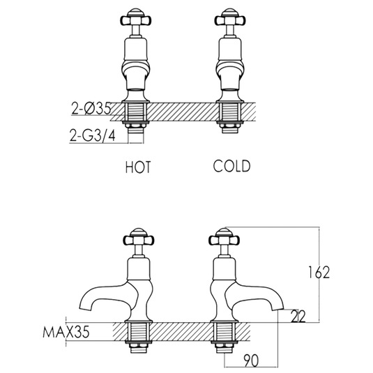 JTP Grosvenor Bath Taps Pair Pinch Handle - Chrome/Black - Envy Bathrooms Ltd