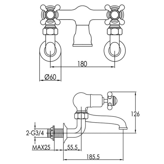 JTP Grosvenor Black Indices Crosshead Wall Mounted Bath Filler Tap - Chrome - Envy Bathrooms Ltd