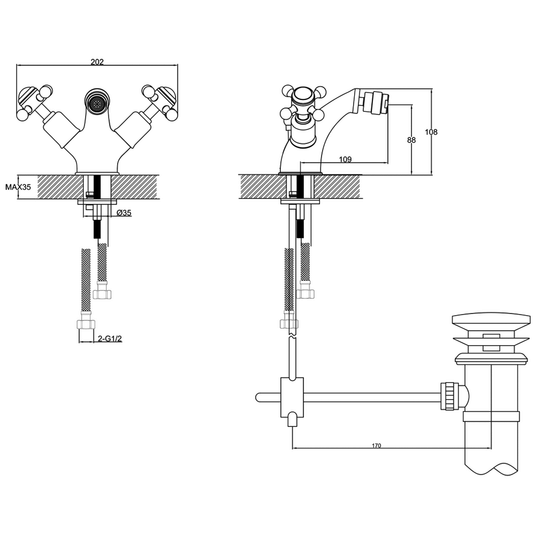 JTP Grosvenor Cross Bidet Mixer Tap with Pop Up Waste - Chrome - Envy Bathrooms Ltd